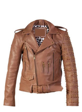 Handcrafted Golden Studded Leather Jacket Biker's Gothic Punk Epaulet Design
